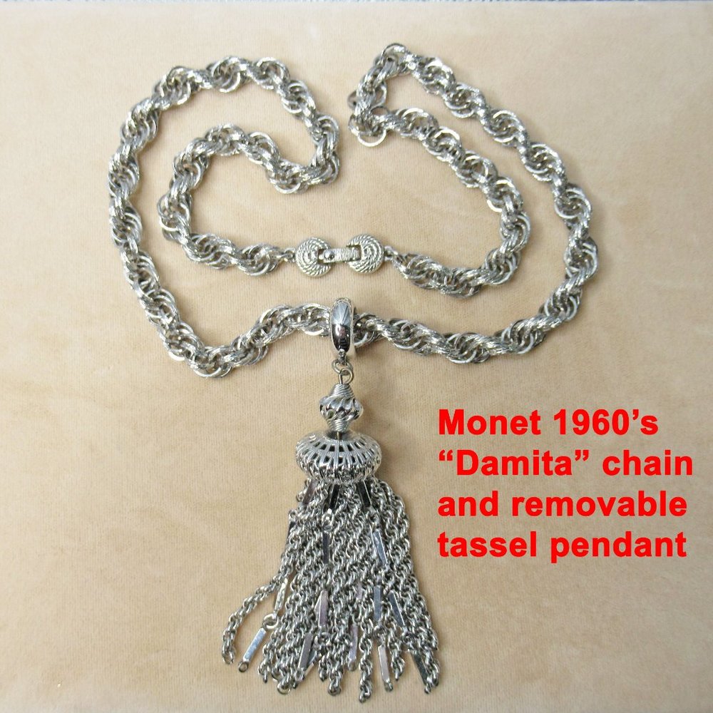Monet "Damita" 1960s silver tone metal 23 inch chain, Removeable tassel pendant